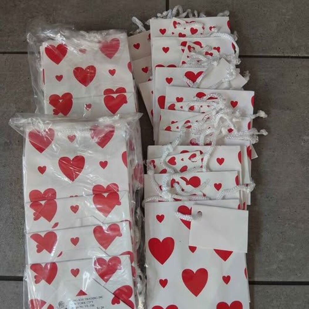 12x BUNDLE- Paper gift bags Valentine's Day Hearts small with tag 4.5" L, 5.5" H
